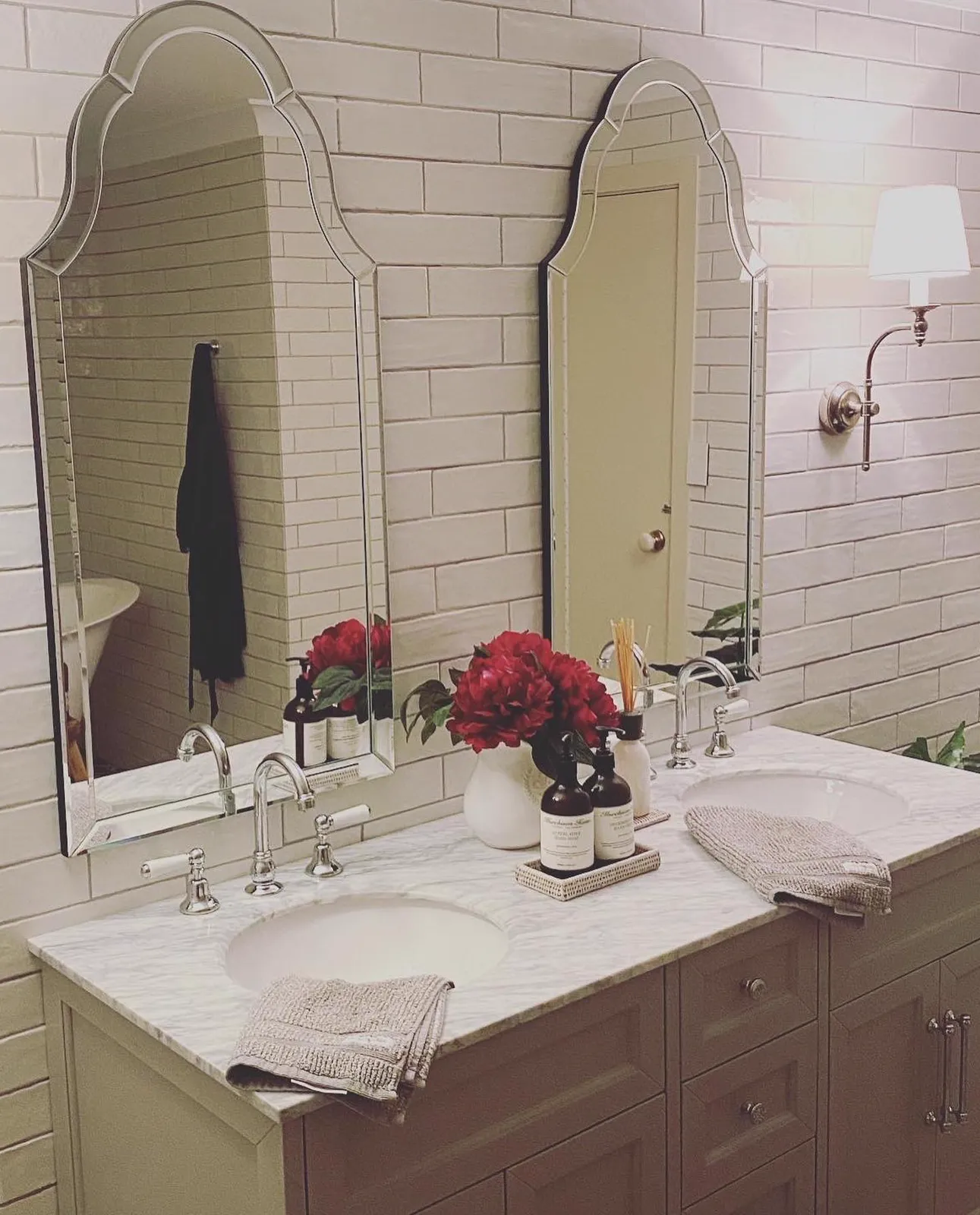 Double vanity with twin arched mirrors and subway tiles, bathroom renovation Northern Beaches